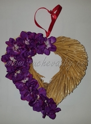 Srdce sláma zdobené květy 25cm fialové