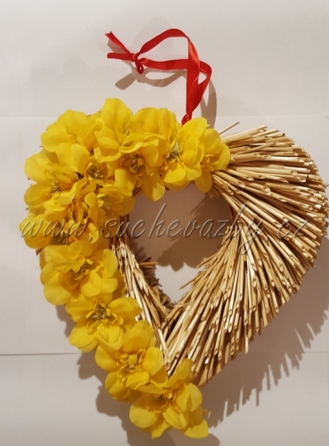 Srdce sláma zdobené květy 25cm žlutá