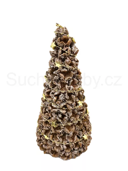 Stromek bukvicový zasněžený svítící se zlatými hvězdičkami 27cm