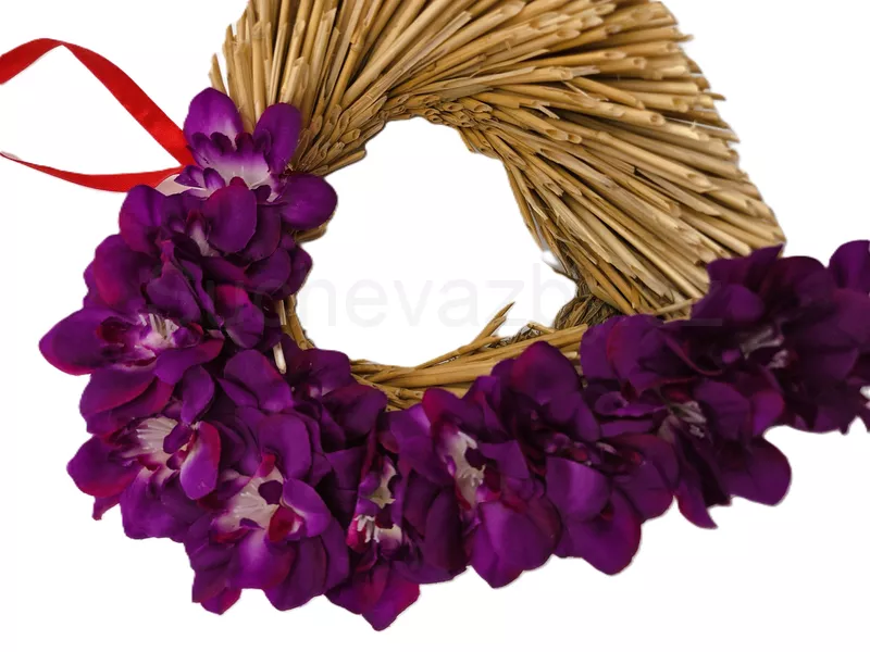 Srdce sláma zdobené květy 25cm fialové